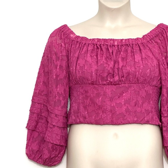 En‎ Creme Womens Top L Hot Pink Floral Crop Balloon Romantic Boho Peasant Gypsy - Picture 2 of 14